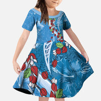 Fiji Tagimaucia Floral Family Matching Mermaid Dress and Hawaiian Shirt Tapa Pattern LT01 Daughter's Dress Blue - Polynesian Pride