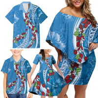 Fiji Tagimaucia Floral Family Matching Off Shoulder Short Dress and Hawaiian Shirt Tapa Pattern LT01 - Polynesian Pride