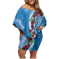 Fiji Tagimaucia Floral Family Matching Off Shoulder Short Dress and Hawaiian Shirt Tapa Pattern LT01 Mom's Dress Blue - Polynesian Pride