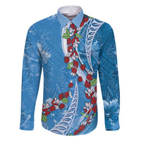 Fiji Tagimaucia Floral Family Matching Short Sleeve Bodycon Dress and Hawaiian Shirt Tapa Pattern LT01 Dad's Shirt - Long Sleeve Blue - Polynesian Pride