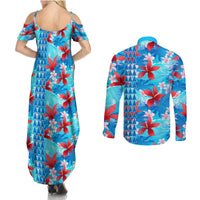 Hawaii Christmas Couples Matching Summer Maxi Dress and Long Sleeve Button Shirt Santa Claus Surfing Kakau Tropical Style LT01 - Polynesian Pride
