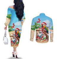 Personalized Hawaii Santa Parrot Christmas Couples Matching Off The Shoulder Long Sleeve Dress and Long Sleeve Button Shirt Summer Vibe LT01 - Polynesian Pride