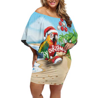 Personalized Hawaii Santa Parrot Christmas Family Matching Off Shoulder Short Dress and Hawaiian Shirt Summer Vibe LT01 Mom's Dress Blue - Polynesian Pride