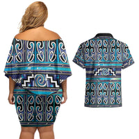 Maori Matariki Couples Matching Off Shoulder Short Dress and Hawaiian Shirt Blue Galaxy Aesthetic Koru Art LT01 - Polynesian Pride