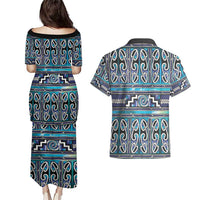 Maori Matariki Couples Matching Puletasi and Hawaiian Shirt Blue Galaxy Aesthetic Koru Art