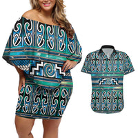 Maori Matariki Couples Matching Off Shoulder Short Dress and Hawaiian Shirt Green Galaxy Aesthetic Koru Art LT01 Green - Polynesian Pride