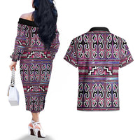 Maori Matariki Couples Matching Off The Shoulder Long Sleeve Dress and Hawaiian Shirt Pink Galaxy Aesthetic Koru Art LT01 - Polynesian Pride