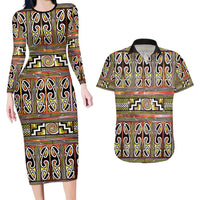 Maori Matariki Couples Matching Long Sleeve Bodycon Dress and Hawaiian Shirt Yellow Galaxy Aesthetic Koru Art LT01 Yellow - Polynesian Pride