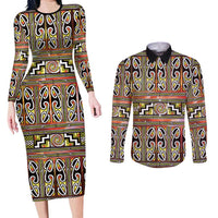 Maori Matariki Couples Matching Long Sleeve Bodycon Dress and Long Sleeve Button Shirt Yellow Galaxy Aesthetic Koru Art LT01 Yellow - Polynesian Pride