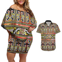 Maori Matariki Couples Matching Off Shoulder Short Dress and Hawaiian Shirt Yellow Galaxy Aesthetic Koru Art LT01 Yellow - Polynesian Pride