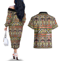Maori Matariki Couples Matching Off The Shoulder Long Sleeve Dress and Hawaiian Shirt Yellow Galaxy Aesthetic Koru Art LT01 - Polynesian Pride