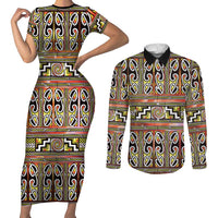 Maori Matariki Couples Matching Short Sleeve Bodycon Dress and Long Sleeve Button Shirt Yellow Galaxy Aesthetic Koru Art LT01 Yellow - Polynesian Pride