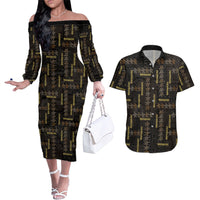 Hawaii Brown Plumeria Lei Black Couples Matching Off The Shoulder Long Sleeve Dress and Hawaiian Shirt Frangipani Floral Heritage Art LT01 Black - Polynesian Pride