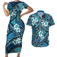 Polynesian Hibiscus Tropical Blue Floral Couples Matching Short Sleeve Bodycon Dress and Hawaiian Shirt Tribal Pattern LT01 Blue - Polynesian Pride