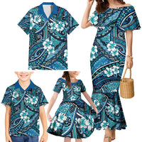 Polynesian Hibiscus Tropical Blue Floral Family Matching Mermaid Dress and Hawaiian Shirt Tribal Pattern LT01 - Polynesian Pride