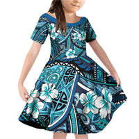 Polynesian Hibiscus Tropical Blue Floral Family Matching Off Shoulder Short Dress and Hawaiian Shirt Tribal Pattern LT01 Daughter's Dress Blue - Polynesian Pride