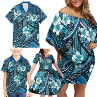 Polynesian Hibiscus Tropical Blue Floral Family Matching Off Shoulder Short Dress and Hawaiian Shirt Tribal Pattern LT01 - Polynesian Pride