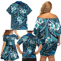 Polynesian Hibiscus Tropical Blue Floral Family Matching Off Shoulder Short Dress and Hawaiian Shirt Tribal Pattern LT01 - Polynesian Pride