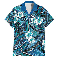 Polynesian Hibiscus Tropical Blue Floral Family Matching Off Shoulder Short Dress and Hawaiian Shirt Tribal Pattern LT01 Dad's Shirt - Short Sleeve Blue - Polynesian Pride