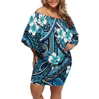 Polynesian Hibiscus Tropical Blue Floral Family Matching Off Shoulder Short Dress and Hawaiian Shirt Tribal Pattern LT01 Mom's Dress Blue - Polynesian Pride