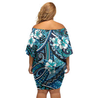 Polynesian Hibiscus Tropical Blue Floral Family Matching Off Shoulder Short Dress and Hawaiian Shirt Tribal Pattern LT01 - Polynesian Pride