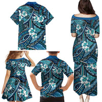 Polynesian Hibiscus Tropical Blue Floral Family Matching Puletasi and Hawaiian Shirt Tribal Pattern LT01 - Polynesian Pride
