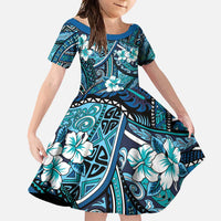 Polynesian Hibiscus Tropical Blue Floral Family Matching Summer Maxi Dress and Hawaiian Shirt Tribal Pattern LT01 Daughter's Dress Blue - Polynesian Pride