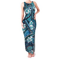 Polynesian Hibiscus Tropical Blue Floral Family Matching Tank Maxi Dress and Hawaiian Shirt Tribal Pattern LT01 Mom's Dress Blue - Polynesian Pride