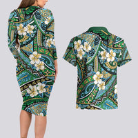 Polynesian Hibiscus Tropical Green Floral Couples Matching Long Sleeve Bodycon Dress and Hawaiian Shirt Tribal Pattern LT01 - Polynesian Pride