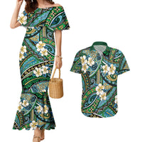 Polynesian Hibiscus Tropical Green Floral Couples Matching Mermaid Dress and Hawaiian Shirt Tribal Pattern LT01 Green - Polynesian Pride