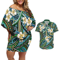 Polynesian Hibiscus Tropical Green Floral Couples Matching Off Shoulder Short Dress and Hawaiian Shirt Tribal Pattern LT01 Green - Polynesian Pride