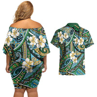 Polynesian Hibiscus Tropical Green Floral Couples Matching Off Shoulder Short Dress and Hawaiian Shirt Tribal Pattern LT01 - Polynesian Pride