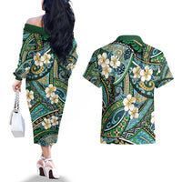 Polynesian Hibiscus Tropical Green Floral Couples Matching Off The Shoulder Long Sleeve Dress and Hawaiian Shirt Tribal Pattern LT01 - Polynesian Pride
