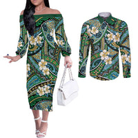 Polynesian Hibiscus Tropical Green Floral Couples Matching Off The Shoulder Long Sleeve Dress and Long Sleeve Button Shirt Tribal Pattern LT01 Green - Polynesian Pride