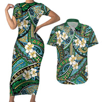 Polynesian Hibiscus Tropical Green Floral Couples Matching Short Sleeve Bodycon Dress and Hawaiian Shirt Tribal Pattern LT01 Green - Polynesian Pride