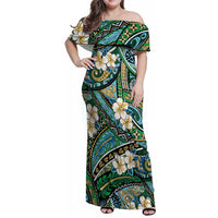 Polynesian Hibiscus Tropical Green Floral Family Matching Off Shoulder Maxi Dress and Hawaiian Shirt Tribal Pattern LT01 Mom's Dress Green - Polynesian Pride