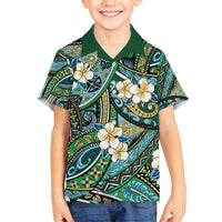 Polynesian Hibiscus Tropical Green Floral Family Matching Off Shoulder Maxi Dress and Hawaiian Shirt Tribal Pattern LT01 Son's Shirt Green - Polynesian Pride