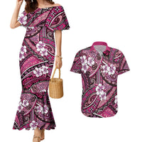 Polynesian Hibiscus Tropical Pink Floral Couples Matching Mermaid Dress and Hawaiian Shirt Tribal Pattern LT01 Pink - Polynesian Pride