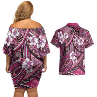 Polynesian Hibiscus Tropical Pink Floral Couples Matching Off Shoulder Short Dress and Hawaiian Shirt Tribal Pattern LT01 - Polynesian Pride