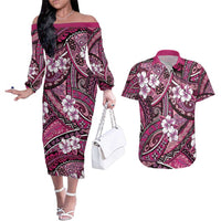 Polynesian Hibiscus Tropical Pink Floral Couples Matching Off The Shoulder Long Sleeve Dress and Hawaiian Shirt Tribal Pattern LT01 Pink - Polynesian Pride
