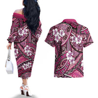 Polynesian Hibiscus Tropical Pink Floral Couples Matching Off The Shoulder Long Sleeve Dress and Hawaiian Shirt Tribal Pattern LT01 - Polynesian Pride