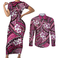 Polynesian Hibiscus Tropical Pink Floral Couples Matching Short Sleeve Bodycon Dress and Long Sleeve Button Shirt Tribal Pattern LT01 Pink - Polynesian Pride