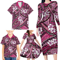 Polynesian Hibiscus Tropical Pink Floral Family Matching Long Sleeve Bodycon Dress and Hawaiian Shirt Tribal Pattern LT01 - Polynesian Pride