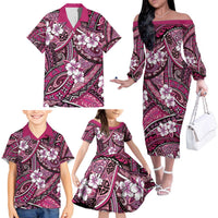 Polynesian Hibiscus Tropical Pink Floral Family Matching Off The Shoulder Long Sleeve Dress and Hawaiian Shirt Tribal Pattern LT01 - Polynesian Pride