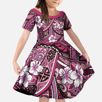 Polynesian Hibiscus Tropical Pink Floral Family Matching Off Shoulder Maxi Dress and Hawaiian Shirt Tribal Pattern LT01 Daughter's Dress Pink - Polynesian Pride