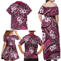 Polynesian Hibiscus Tropical Pink Floral Family Matching Off Shoulder Maxi Dress and Hawaiian Shirt Tribal Pattern LT01 - Polynesian Pride