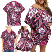 Polynesian Hibiscus Tropical Pink Floral Family Matching Off Shoulder Short Dress and Hawaiian Shirt Tribal Pattern LT01 - Polynesian Pride