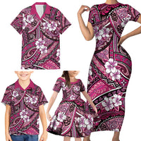Polynesian Hibiscus Tropical Pink Floral Family Matching Short Sleeve Bodycon Dress and Hawaiian Shirt Tribal Pattern LT01 - Polynesian Pride