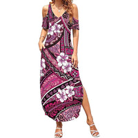 Polynesian Hibiscus Tropical Pink Floral Family Matching Summer Maxi Dress and Hawaiian Shirt Tribal Pattern LT01 Mom's Dress Pink - Polynesian Pride