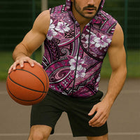 Polynesian Hibiscus Tropical Pink Floral Sleeveless Zip Hoodie Tribal Pattern - Polynesian Pride